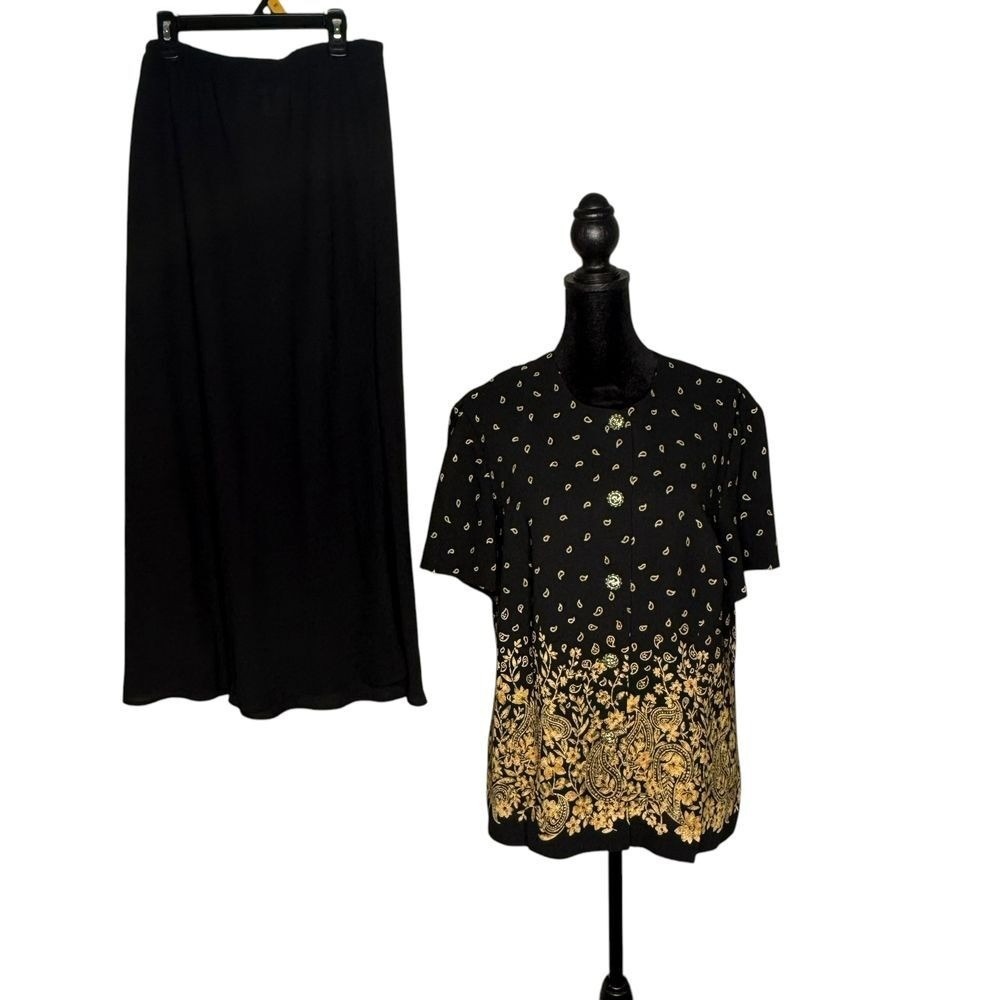 Vintage Two Piece Maxi Skirt Suit Set Womens 16 Black Gold Paisley Modest